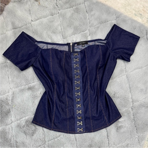 Vintage Y2K Off Shoulder Denim Corset Top Size Large Blue - Picture 7 of 10